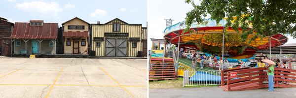 From left, an Old West-style arcade building and the Riptide ride at Fun Spot in Fayetteville. (Arvin Temkar/AJC)