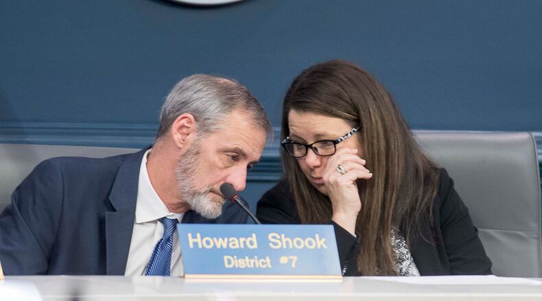 01/17/2019 — Atlanta, Georgia — Jennifer Ide (right), District 6 Atlanta City councilwoman and chairwoman of the Finance/Executive committee, speaks with District 7 Atlanta City councilman Howard Shook (left), vice-chair of the Finance/Executive committee, during a special called committee meeting to discuss creating an Inspector General at Atlanta City Hall, Friday, January 17, 2020. (ALYSSA POINTER/ALYSSA.POINTER@AJC.COM)