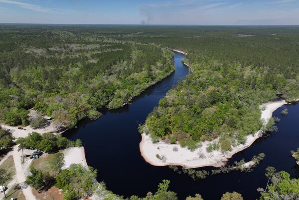 Drone photograph shows the St. Marys River in Macclenny, Florida, Wednesday, Mar. 20, 2024. The St. Marys River serves as the border between Georgia (right side) and Florida (left side). The 130-mile St. Marys River is a blackwater river located in southeast Georgia and is bordered by the Satilla River Basin to the north and the Suwannee River Basin to the west. (Hyosub Shin/AJC))
