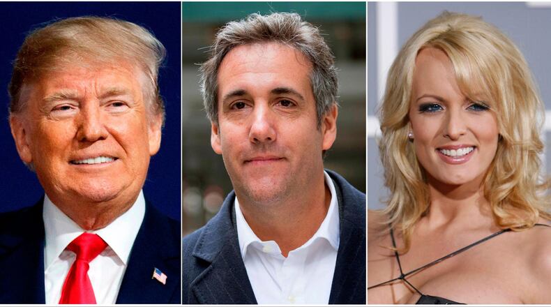 This combination photo shows, from left, President Donald Trump, attorney Michael Cohen and adult film actress Stormy Daniels. (AP Photo)