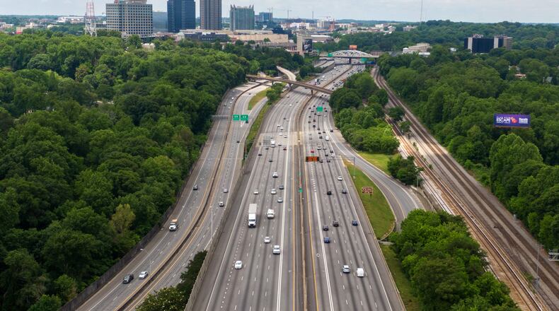 May 21, 2020 Atlanta - Aerial view of I-85 near Druid Hills Road exit on Thursday, May 21, 2020. Memorial Day weekend is here, gas is cheap and the open road beckons. So millions of Americans are planning to É shelter in place. At least for now. That's according to AAA and Gasbuddy, which have surveyed their members about their summer travel plans amid the pandemic. (Hyosub Shin / Hyosub.Shin@ajc.com)