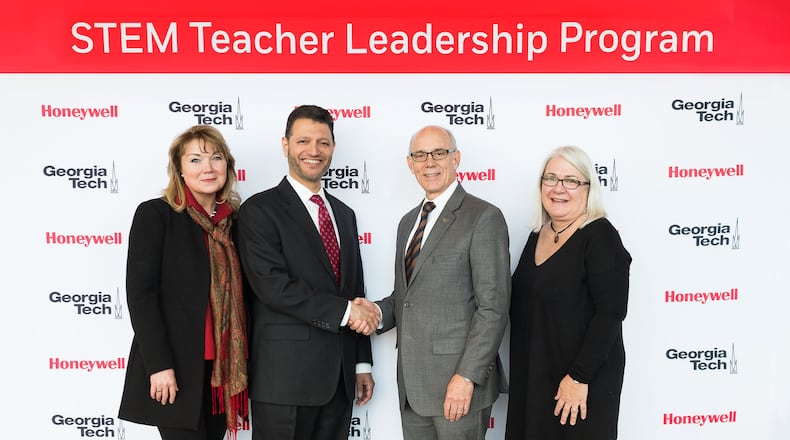 Honeywell and Georgia Tech announce innovative STEM Teacher Leadership Program at Georgia Tech for Metro Atlanta middle and high school teachers. Pictured left: Kerry Kennedy, Director, Honeywell Global Corporate Citizenship; Jamshed Patel, Site Leader and Vice President, Honeywell Atlanta Software Center; Dr. Rafael Bras, Provost, Georgia Tech; and Dr. Lizanne DeStefano, Executive Director of CEISMC, Georgia Tech. Photo Credit: Honeywell.