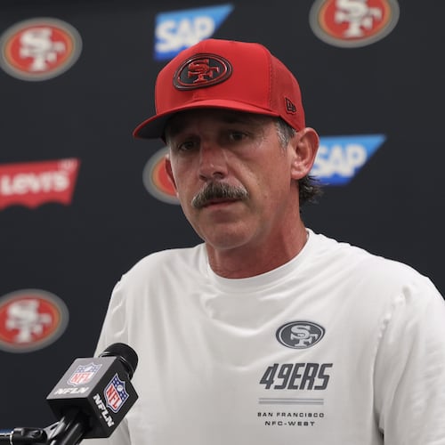San Francisco 49ers head coach Kyle Shanahan speaks at a news conference after a preseason NFL football game against the Los Angeles Chargers, Thursday, Aug. 20, 2026, in Inglewood, Calif. (AP Photo/Ryan Sun)
