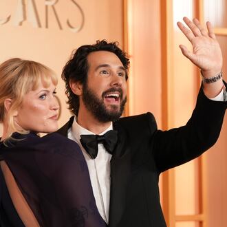Natalie McQueen (left) and Josh Groban arrive at the Oscars on Sunday, March 15, 2026, at the Dolby Theatre in Los Angeles. (Gregory Bull/AP)