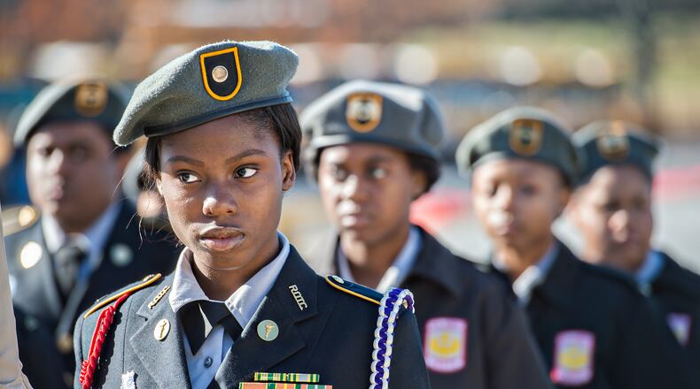 In this file photo, Ajai Bogle with the Miller Grove High Army JROTC stands with her unit during the 74th anniversary of Pearl Harbor ceremony at the DeKalb County School District Administrative and Instructional Complex in Stone Mountain on December 7, 2015.