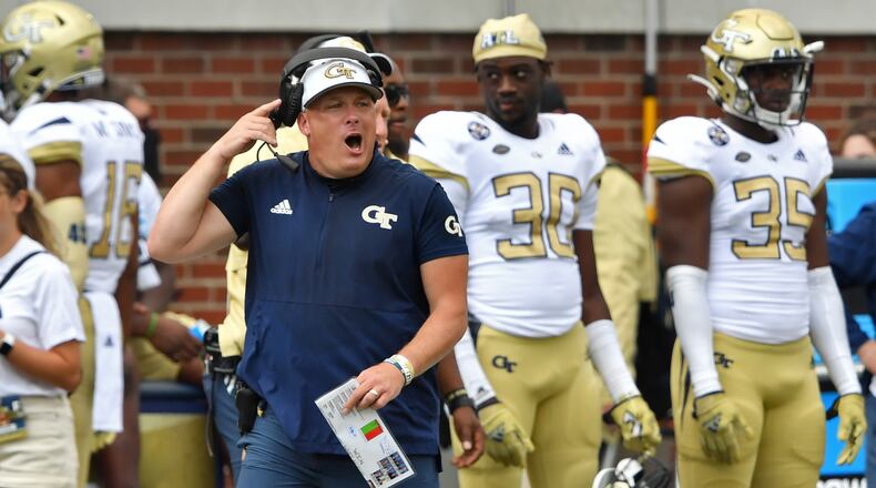 Georgia Tech head coach Geoff Collins shouts instructions during the second half against Kennesaw State Saturday, Sept. 11, 2021, at Dodd Stadium in Atlanta. The Yellow Jackets won 45-17. (Hyosub Shin / Hyosub.Shin@ajc.com)