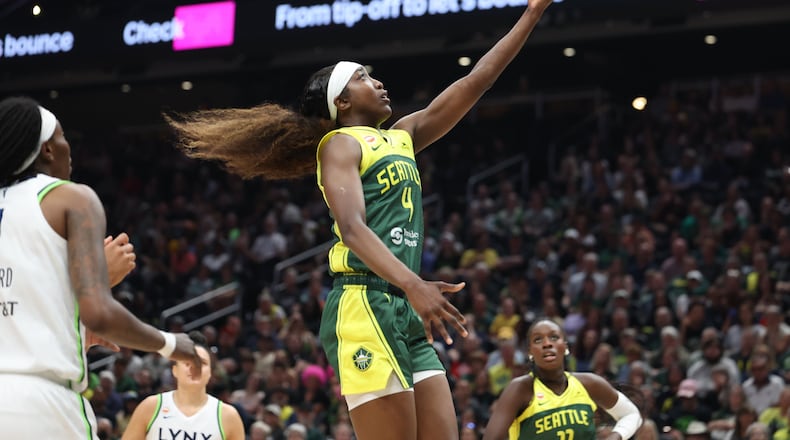 Seattle Storm guard Flau'jae Johnson goes for a layup against the Minnesota Lynx during the first half of a WNBA basketball game Monday, July 20, 2026, in Seattle. (Dean Rutz/The Seattle Times via AP)