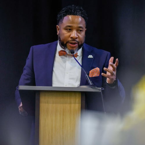 Then-DeKalb County Superintendent Devon Horton delivers remarks during the State of the District address at Courtyard Marriott Hotel in downtown Decatur in 2024. He was arrested on assault charges Saturday Jan. 20, 2026. (Miguel Martinez/AJC)