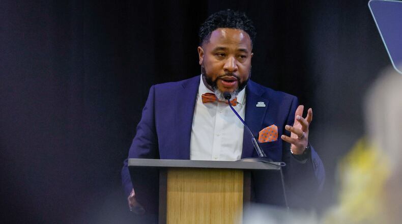 Dekalb County Superintendent Devon Horton delivers his State of the District Address at the Courtyard Marriott in downtown Decatur on Thursday, March 14, 2024. This week, Horton apologized to several hundreds employees whose pay was late. (Miguel Martinez/AJC)