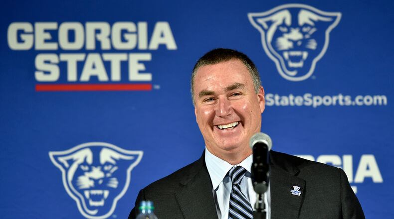 December 9, 2016, Atlanta - Shawn Elliott speaks at a press conference where he was introduced as the head football coach for Georgia State in Atlanta, Georgia, on Friday, December 9, 2016. (DAVID BARNES / DAVID.BARNES@AJC.COM)