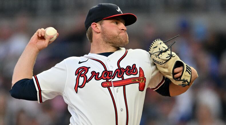 Atlanta Braves' starting pitcher Bryce Elder (55) throws a pitch against Chicago Cubs during the first inning at Truist Park, Tuesday, Sept/ 26, 2023, in Alanta. (Hyosub Shin / Hyosub.Shin@ajc.com)