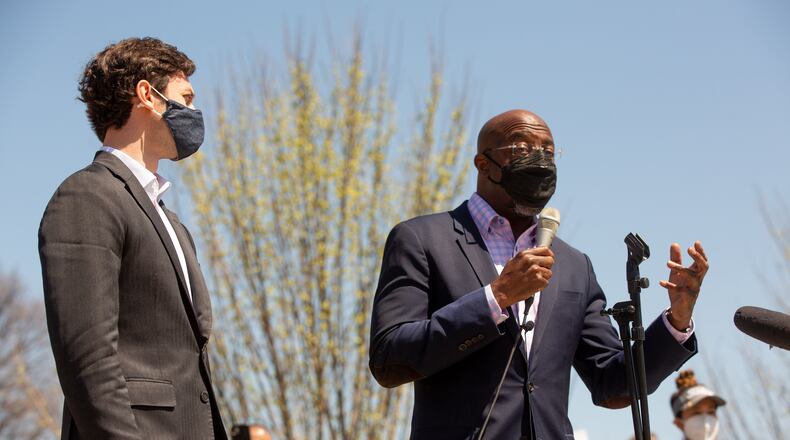 U.S. Sens. Raphael Warnock (right) and Jon Ossoff speak at a unity rally at Liberty Plaza near the state Capitol on Saturday, March 20, 2021. (Photo: Steve Schaefer for The Atlanta Journal-Constitution)