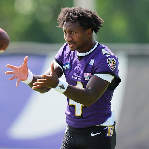 Baltimore Ravens wide receiver Zay Flowers (4) works out during practice at the team's NFL football training camp, Wednesday, July 29, 2026, at the Under Armour Performance Center in Owings Mills, Md. (AP Photo/Stephanie Scarbrough)