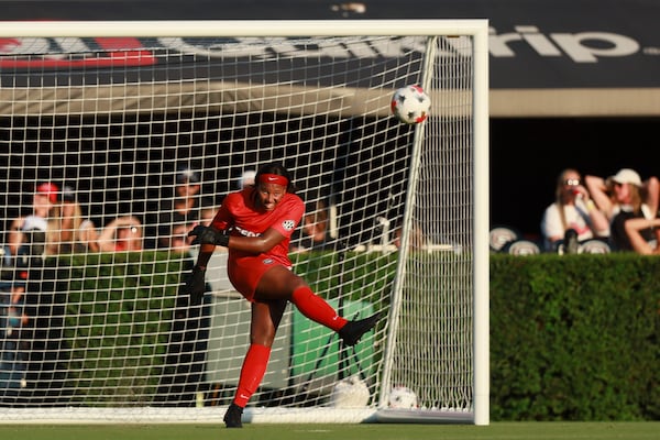 Georgia goalkeeper Jordan Brown kicks the ball for a goal kick during UGA's “Soccer in Sanford” game against James Madison on Thursday, Aug. 20, 2026, in Athens. (Jason Getz/AJC)