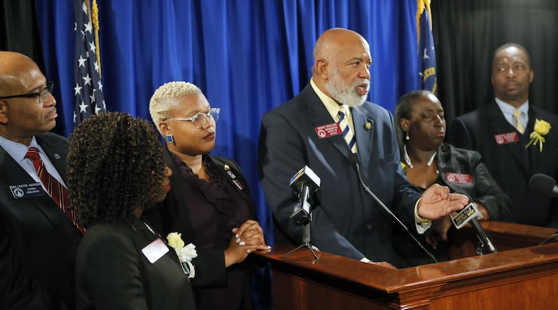Mar. 9, 2017 - Atlanta - Rep. Dewey McClain, D - Lawrenceville, speaks out about Tommy Hunter. The Georgia Legislative Black Caucus calls for Gwinnett County Commissioner Tommy Hunter, who called U.S. Rep. John Lewis a “racist pig” on Facebook, to resign. BOB ANDRES /BANDRES@AJC.COM