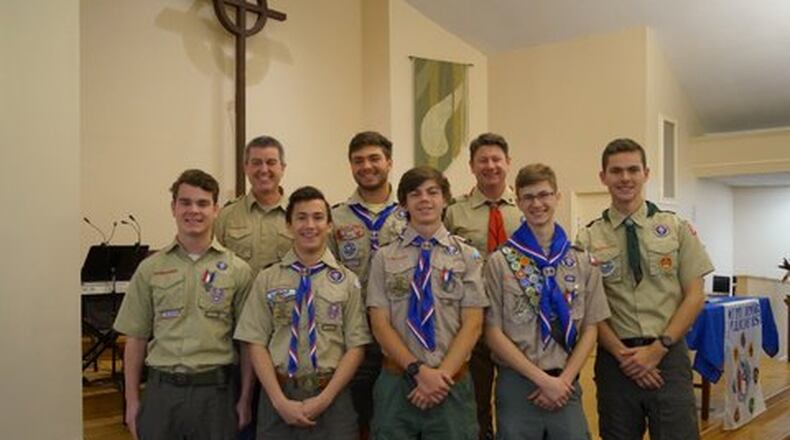 This group of boys crossed over from cub scouts to boy scouts together in 2012 when they were in the 5th grade. They have now all achieved the rank of Eagle Scout. Front row: Christopher Johnson, Adam Razavi, Rory Doran, Max Oster, Michael O’Reilly.