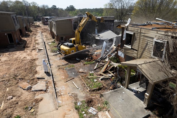 Drone photos of demolition work at the former Forest Cove Apartments on Wednesday, March 20, 2024.(Ben Gray/AJC)