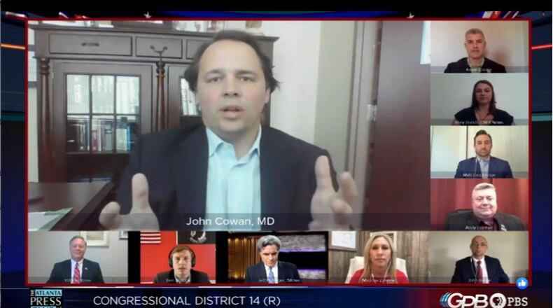 Screenshot of Republican candidates for Georgia's 14th Congressional District participating in a debate hosted by The Atlanta Press Club on May 4, 2020.