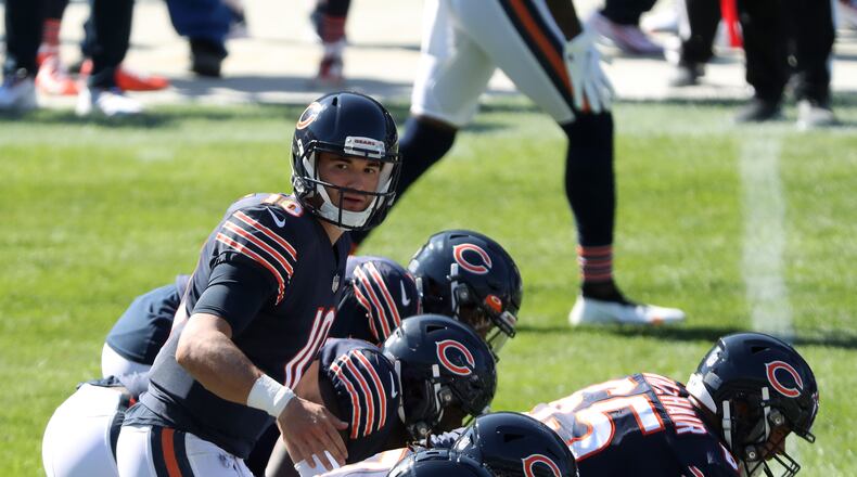 Chicago Bears quarterback Mitch Trubisky (10) calls out a play in the fourth quarter against the New York Giants on Sunday, September 20, 2020, at Soldier Field in Chicago, Illinois. (John J. Kim/Chicago Tribune/TNS)
