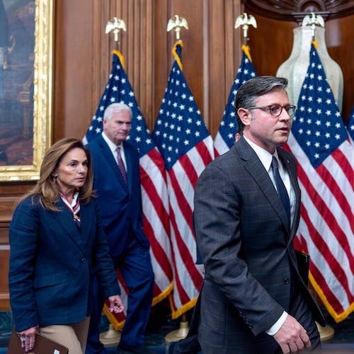 Speaker of the House Mike Johnson, R-La., center, joined from left by Rep. Lisa McClain, R-Mich., chair of the House Republican Conference, and House Majority Whip Tom Emmer, R-Minn., wrap up a news conference on day 23 of the government shutdown, at the Capitol in Washington, Thursday, Oct. 23, 2025. (AP Photo/J. Scott Applewhite)