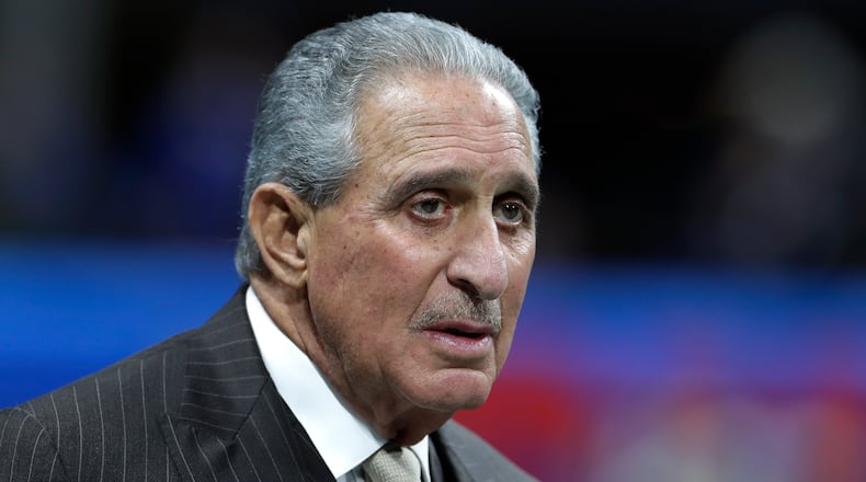 Atlanta Falcons owner Arthur Blank walks on the field before the NFL Super Bowl 53 Sunday, Feb. 3, 2019, at Mercedes-Benz Stadium in Atlanta.