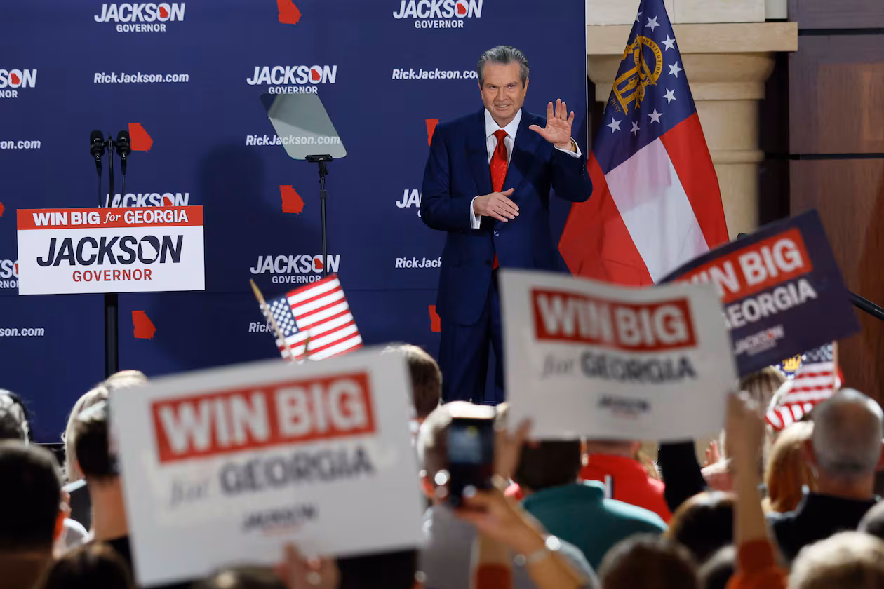 Health care entrepreneur Rick Jackson recognizes his supporters after his campaign kickoff speech for Georgia governor at Jackson Healthcare in Alpharetta on Wednesday, Feb. 4, 2026. (Miguel Martinez/AJC)