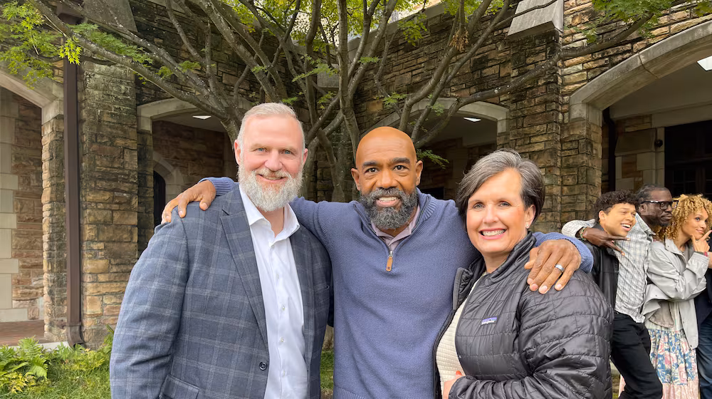 From left to right, kidney donor Randy Simpkins, actor Michael Beach and Simpkins' wife, Christal Simpkins, on the set of the movie “End the Wait.” The true-life story tells of Randy Simpkins' decision to donate a kidney to a stranger, played by Beach. (Courtesy of End the Wait Foundation)