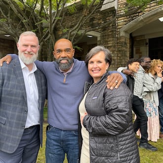 From left to right, kidney donor Randy Simpkins, actor Michael Beach and Simpkins' wife, Christal Simpkins, on the set of the movie “End the Wait.” The true-life story tells of Randy Simpkins' decision to donate a kidney to a stranger, played by Beach. (Courtesy of End the Wait Foundation)