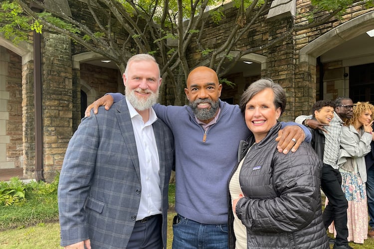 From left to right, kidney donor Randy Simpkins, actor Michael Beach and Simpkins' wife, Christal Simpkins, on the set of the movie “End the Wait.” The true-life story tells of Randy Simpkins' decision to donate a kidney to a stranger, played by Beach. (Courtesy of End the Wait Foundation)