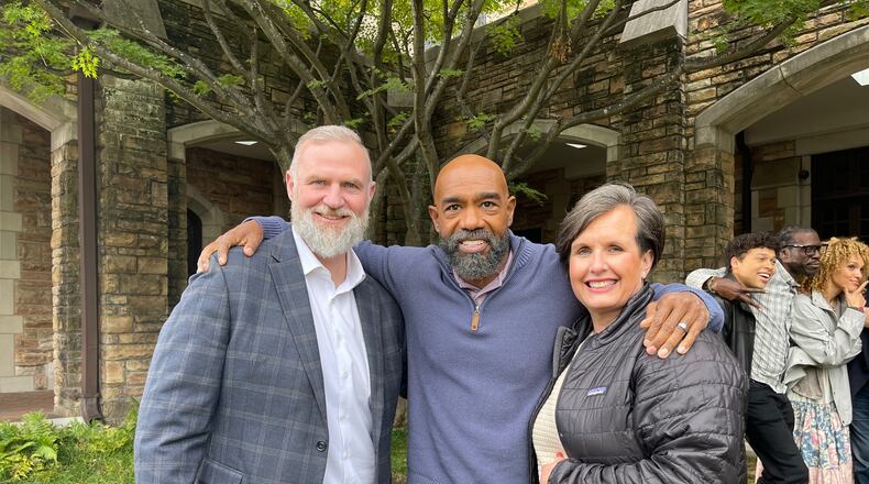From left to right, kidney donor Randy Simpkins, actor Michael Beach and Simpkins' wife, Christal Simpkins, on the set of the movie “End the Wait.” The true-life story tells of Randy Simpkins' decision to donate a kidney to a stranger, played by Beach. (Courtesy of End the Wait Foundation)