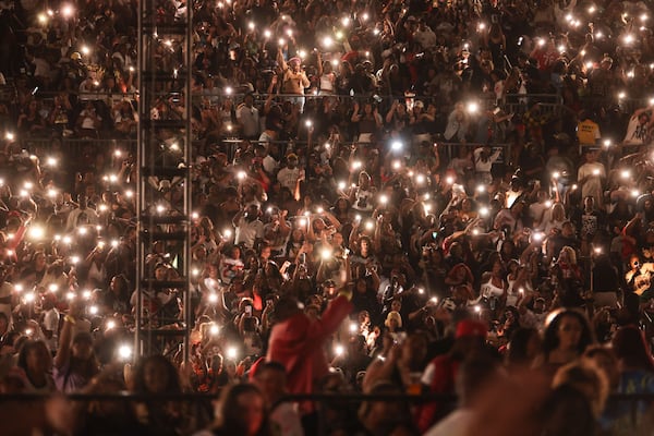 Fans fill Bobby Dodd Stadium at Georgia Tech for R&B singer Chris Brown’s Breezy Bowl XX tour on Friday, Oct. 3, 2025, in Atlanta. (Natrice Miller/AJC)