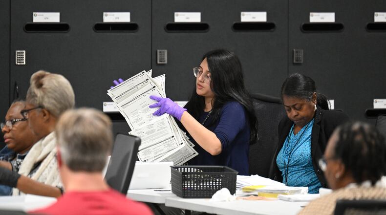 Election workers look over provisional ballots on Election Day at Gwinnett County Voter Registrations & Elections, Tuesday, November 5, 2024, in Lawrenceville.