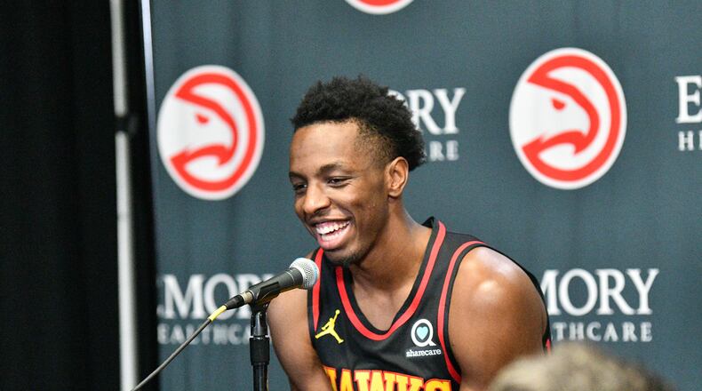 Hawks forward Onyeka Okongwu (17) speaks to members of the press during 2022 Atlanta Hawks Media Day on Friday, September 22, 2022. (Hyosub Shin / Hyosub.Shin@ajc.com)