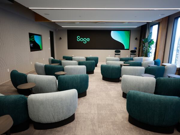Multiple rooms are set for different purposes, but all are well balanced with modern design and space at the new location of Sage’s North America HQ at Ponce City Market on Thursday, March 27, 2025. Sage is a global leader in accounting, financial, HR, and payroll technology for small and mid-sized businesses.
(Miguel Martinez/ AJC)