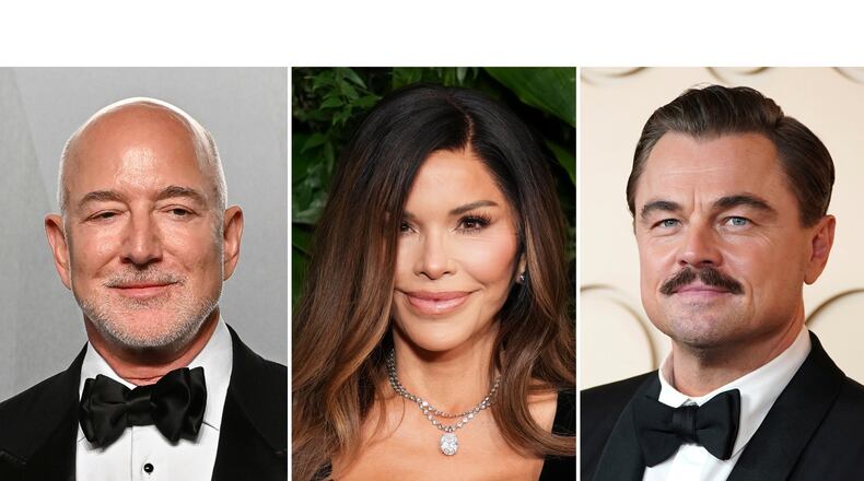 Jeff Bezos appears at the Vanity Fair Oscar Party in Los Angeles on March 15, 2026, left, Lauren Sanchez Bezos appears at Chanel's 16th Annual Pre-Oscar Awards Dinner in Beverly Hills, Calif., on March 1, 2025, center, and Leonardo DiCaprio appears at the Oscars in Los Angeles on March 15, 2026. (AP Photo)