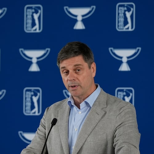 FILE - PGA Tour CEO Brian Rolapp speaks at the Tour Championship golf tournament, Wednesday, Aug. 20, 2025, in Atlanta. (AP Photo/Mike Stewart, File)