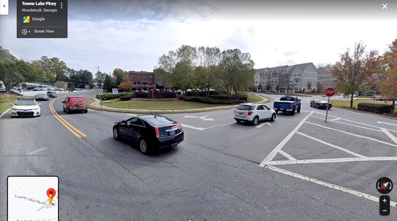 The intersection of Towne Lake Parkway and MIll Street in downtown Woodstock would be replaced by a roundabout in a project to be funded by a grant and loan from the state totaling $3.2 million.