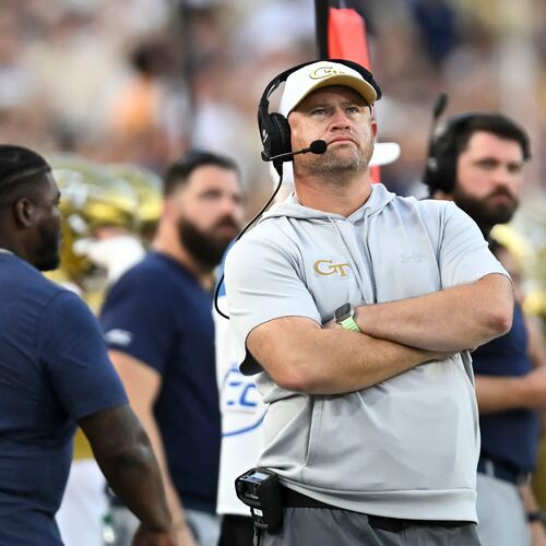 Georgia Tech head coach Brent Key watches the Yellow Jackets play against the Tennessee Volunteers during the first half of an NCAA college football game against, Saturday, Sept. 12, 2026, in Atlanta. (AP Photo/Daniel Varnado)