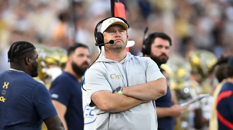 Georgia Tech head coach Brent Key watches the Yellow Jackets play against the Tennessee Volunteers during the first half of an NCAA college football game against, Saturday, Sept. 12, 2026, in Atlanta. (AP Photo/Daniel Varnado)