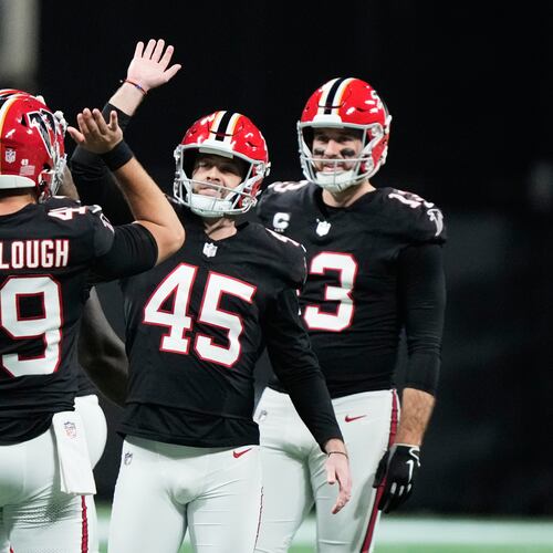 Atlanta Falcons place kicker Zane Gonzalez (45) celebrates his field goal in the second half of an NFL football game against the Los Angeles Rams, Monday, Dec. 29, 2025, in Atlanta. (AP Photo/Brynn Anderson)