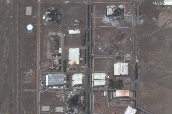 This satellite image provided by Maxar Technologies shows the Natanz nuclear enrichment facility, where multiple buildings were destroyed from recent Israeli airstrikes, 135 miles southeast of Tehran, Iran, Saturday, June 14, 2025. (Maxar Technologies via AP)