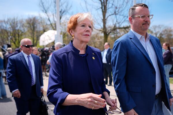 New York State Department of Labor commissioner Roberta Reardon, left, walks out of federal court after the sentencing of former U.S. Rep. George Santos, Friday, April 25, 2025, in Central Islip, N.Y. (AP Photo/Julia Demaree Nikhinson)