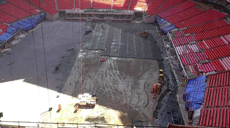A view of the Mercedes-Benz Stadium field on Monday, via the stadium’s live web cam. (mercedesbenzstadium.com/EarthCam)