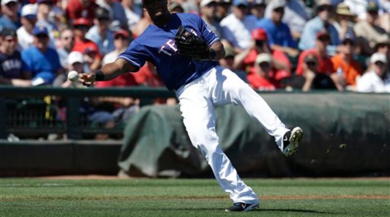 Texas Rangers' Adrian Beltre in action during a spring training baseball game against the Los Angeles Angels, Sunday, March 20, 2016, in Surprise, Ariz. (AP Photo/Darron Cummings)