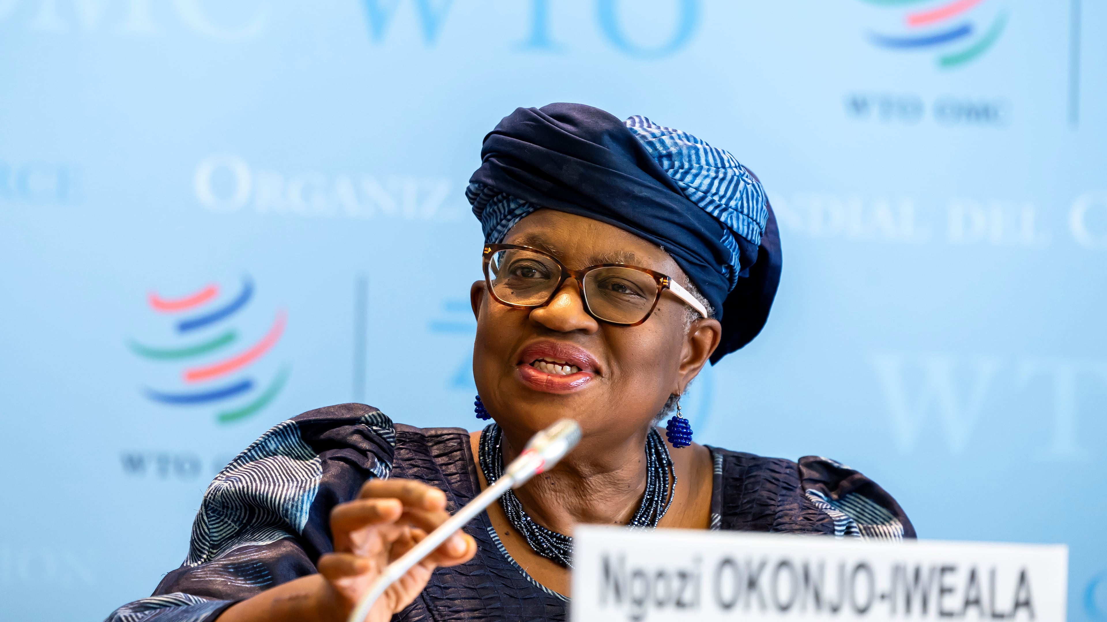 Nigeria's Ngozi Okonjo-Iweala, Director General of the World Trade Organisation (WTO), speaks to the media about the report "Global Trade Outlook and Statistics – October 2025 update", during a press conference at the headquarters of the World Trade Organization (WTO) in Geneva, Switzerland, Tuesday, Oct. 7, 2025. (Salvatore Di Nolfi/Keystone via AP)
