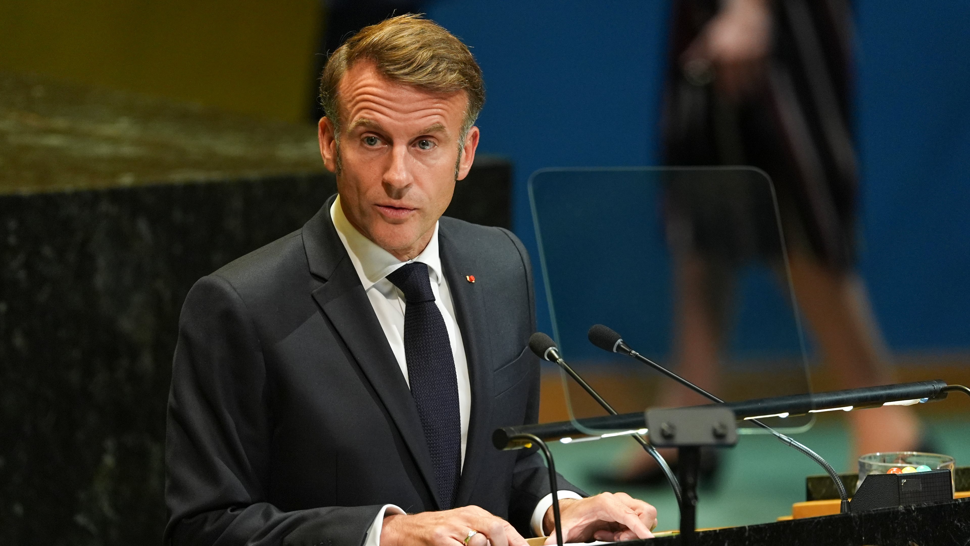 French President Emmanuel Macron speaks during a high-profile meeting at the United Nations aimed at galvanizing support for a two-state solution to the Israeli-Palestinian conflict Monday, Sept. 22, 2025, at UN headquarters. (AP Photo/Angelina Katsanis)