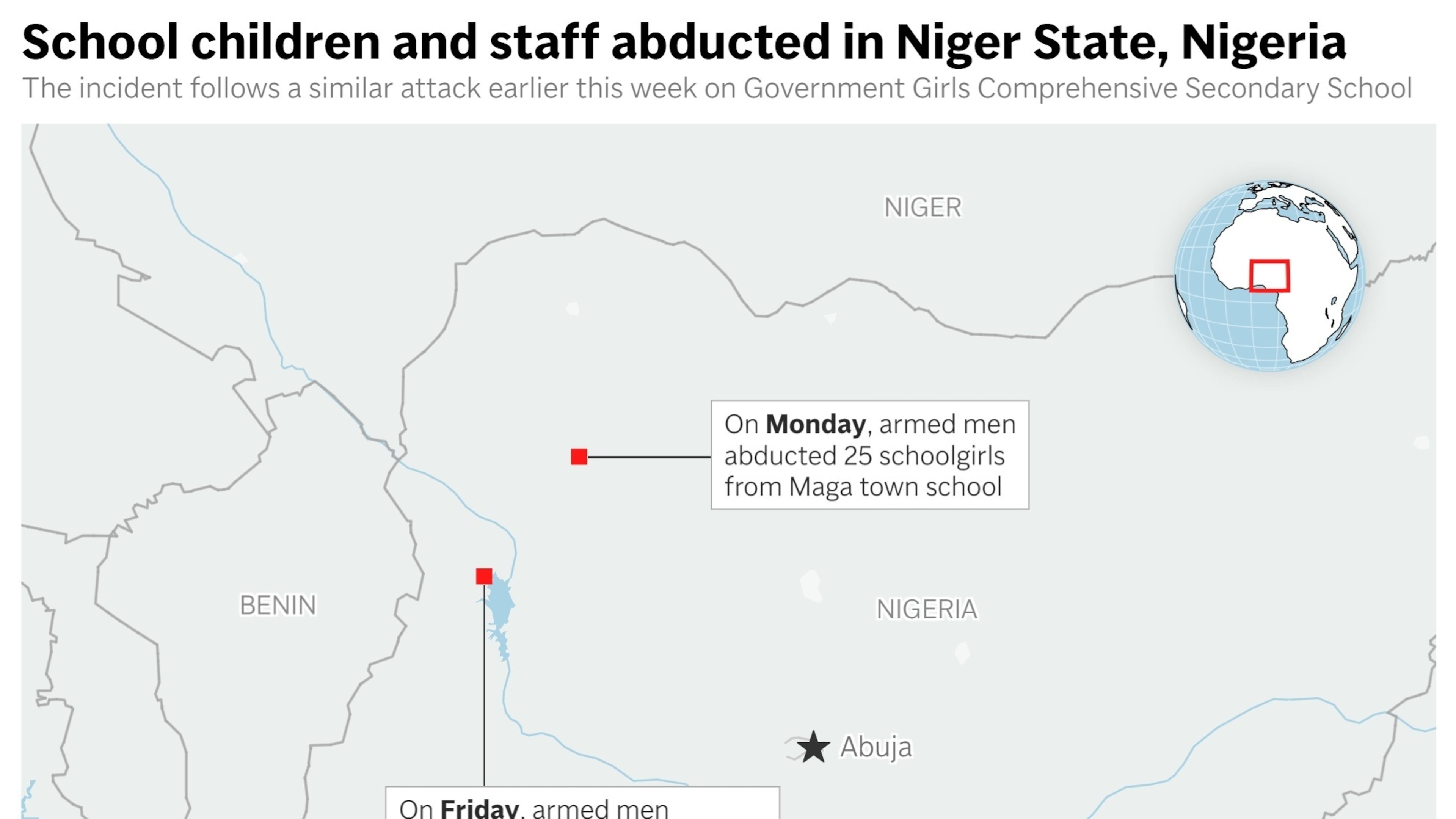 Shows the location of two attacks and abductions from schools in Nigeria over the past week. (AP Digital Embed)
