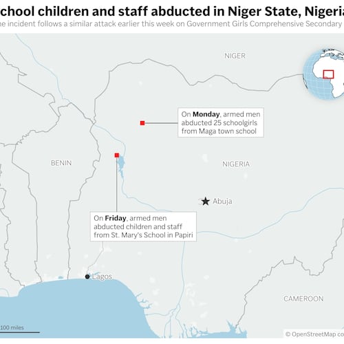 Shows the location of two attacks and abductions from schools in Nigeria over the past week. (AP Digital Embed)