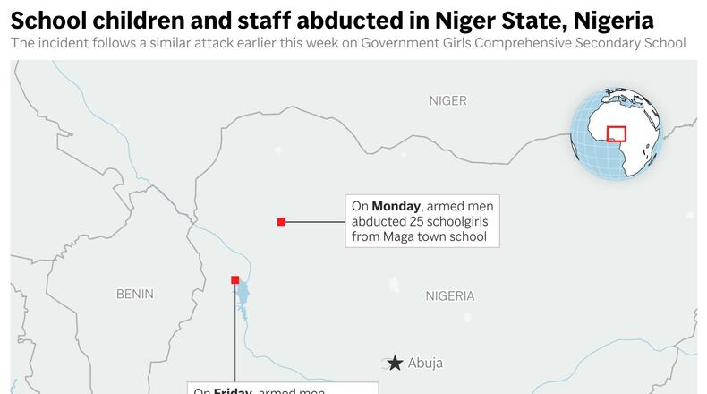 Shows the location of two attacks and abductions from schools in Nigeria over the past week. (AP Digital Embed)