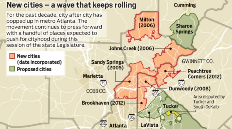 WATCHDOG - Cityhood has become all the rage in metro Atlanta's northern suburbs, but there are hazards when forming a government in your own back yard. Recent ethical infractions and controversies show why residents are having to watchdog these hatchling cities just as vigorously as they do their county governments. Local control can mean trouble closer to home, and no city illustrates the slippery slope into corruption like Brookhaven, the most recent city to form. Metro Atlanta's cityhood movement turns 10 in 2015, and five more cities will be in the works in the legislative session starting in January. WE NEED A MAP OR TWO MAPS THAT SHOW THE NEW CITIES IN METRO ATLANTA. THEY INCLUDE Sandy Springs, Johns Creek, Milton, Chattahoochee Hills, Dunwoody, Brookhaven AND Peachtree Corners. WE ALSO NEED A MAP OF THE PROPOSED NEW CITIES. THEY INCLUDE LaVista Hills, Tucker, South DeKalb, Stonecrest and South Fulton. The map should also show the proposed annexation of Druid Hills to Atlanta. We've done several maps on these topics already, but the new maps would have to reflect the new borders between LaVista Hills and Tucker. We've included two attachments that have the borders of the proposed new cities, an AJC revamp on the borders between LaVista Hills and Tucker. We are checking on the borders of the proposed South Fulton.